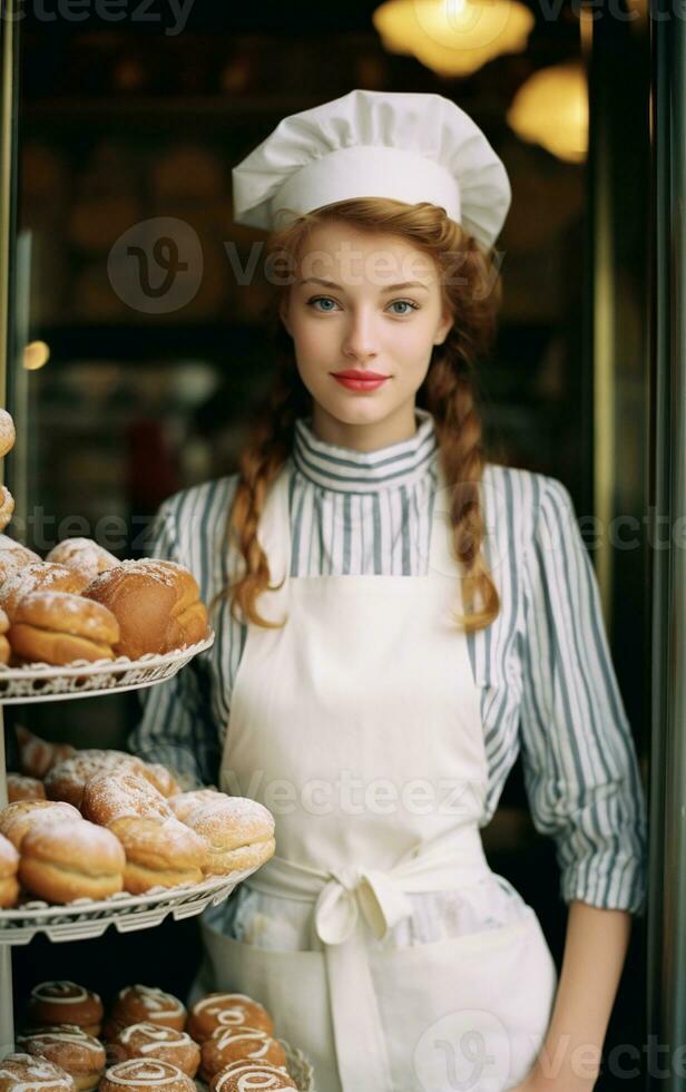 une mignonne Jeune russe femelle boulanger génératif ai photo