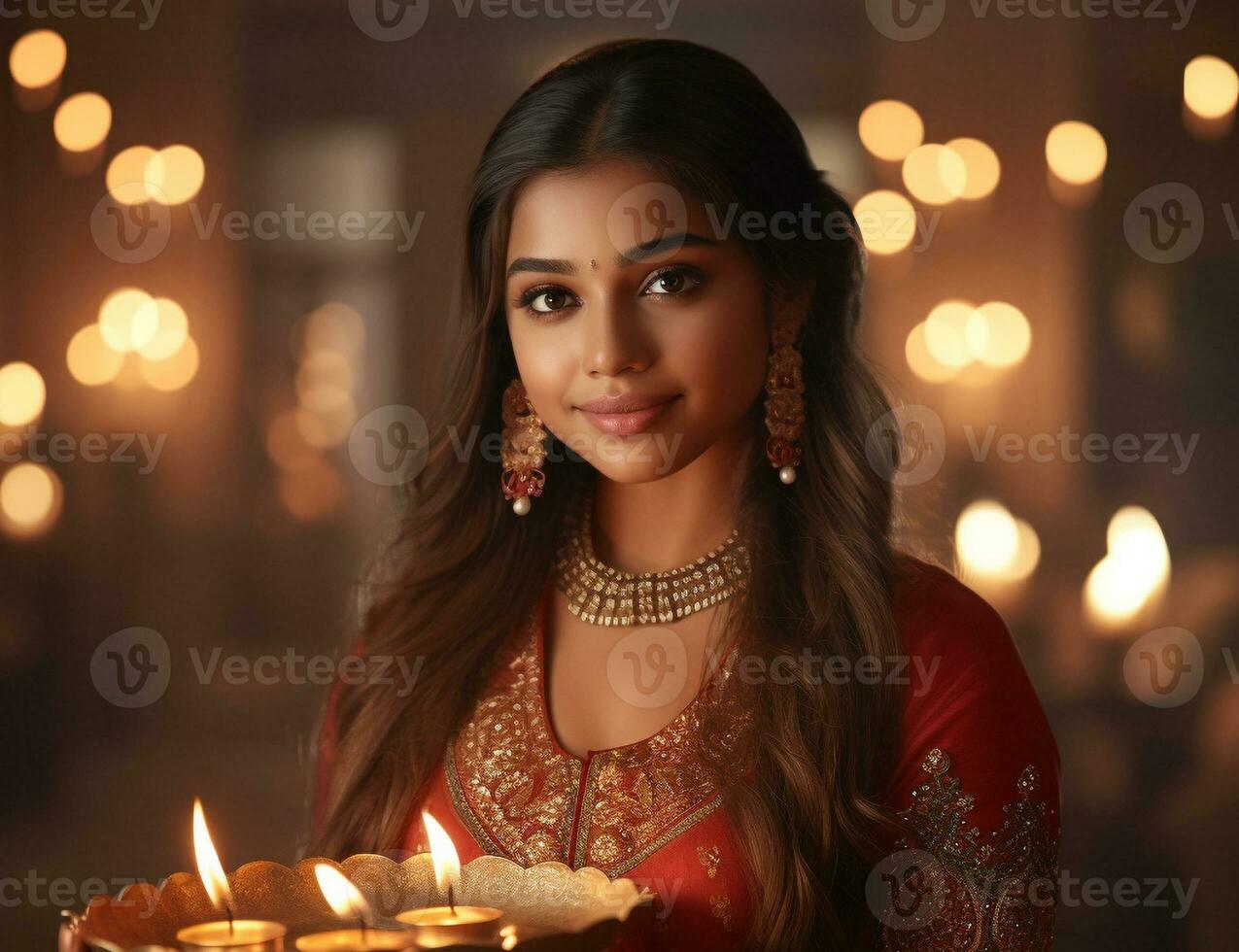 Jeune femme en portant diwali lampe sur bokeh Contexte génératif ai photo