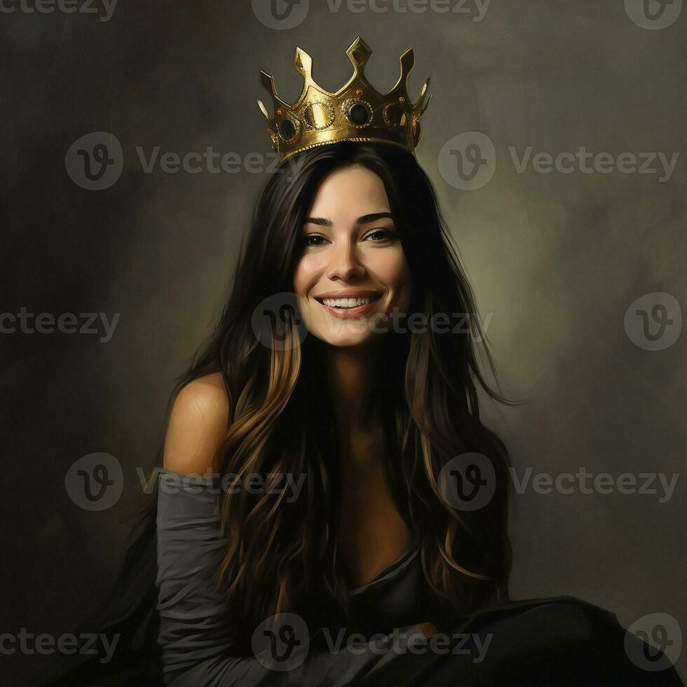 une femme portant couronne souriant sur foncé Contexte génératif ai photo