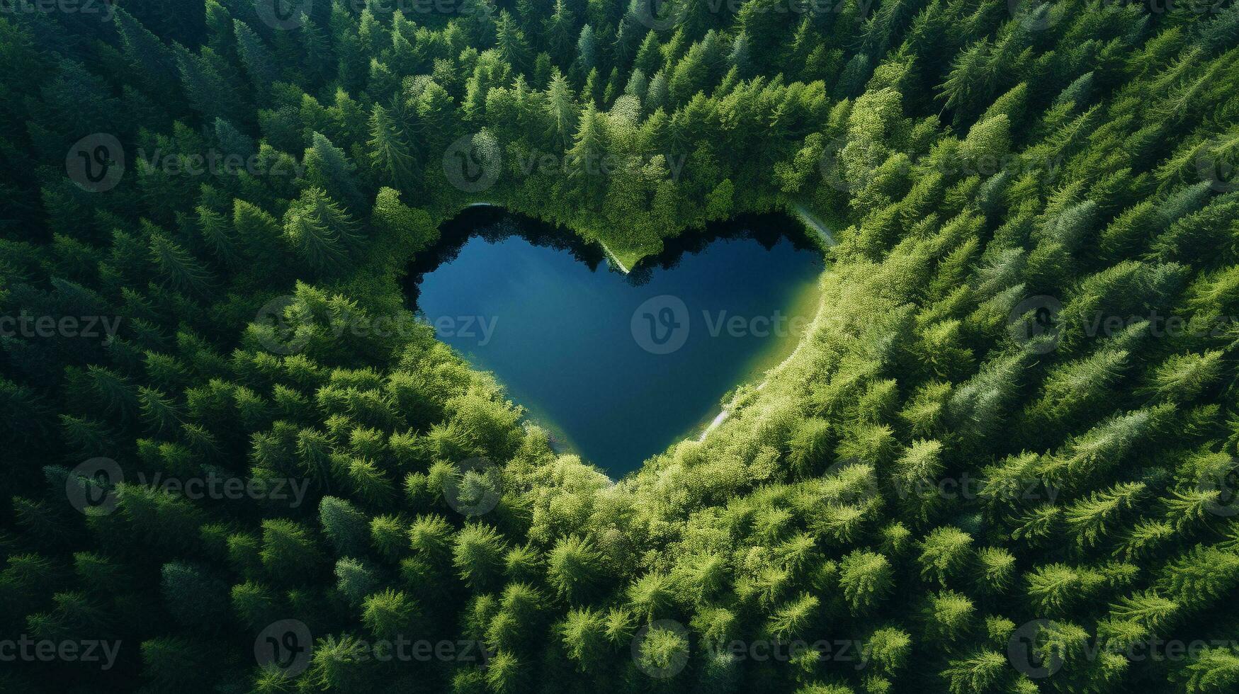 Haut vue de une en forme de coeur Lac entouré par forêt génératif ai photo