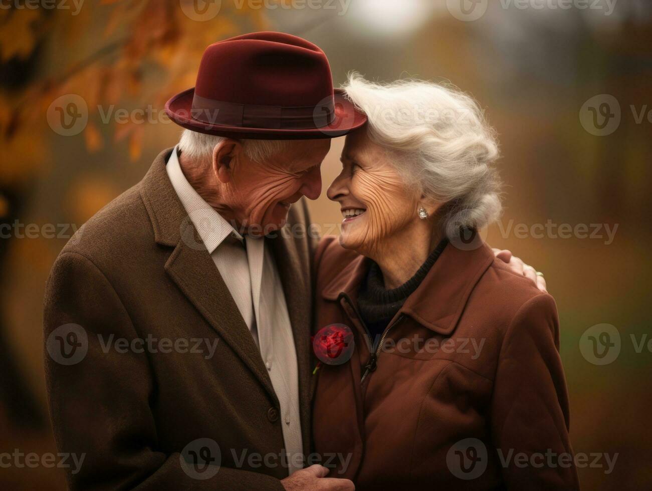 aimant vieux couple est profiter une romantique l'automne journée ai génératif photo