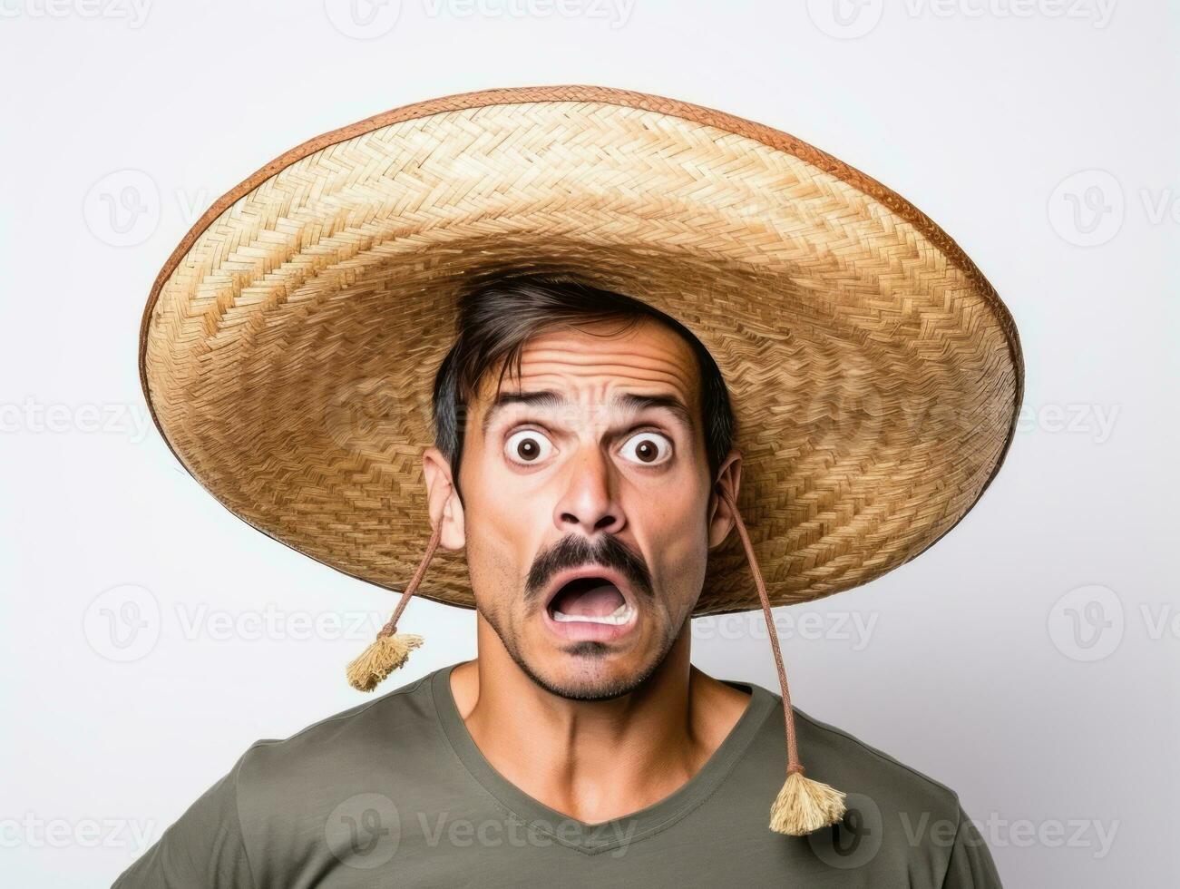 mexicain homme dans émotif pose sur blanc Contexte ai génératif photo