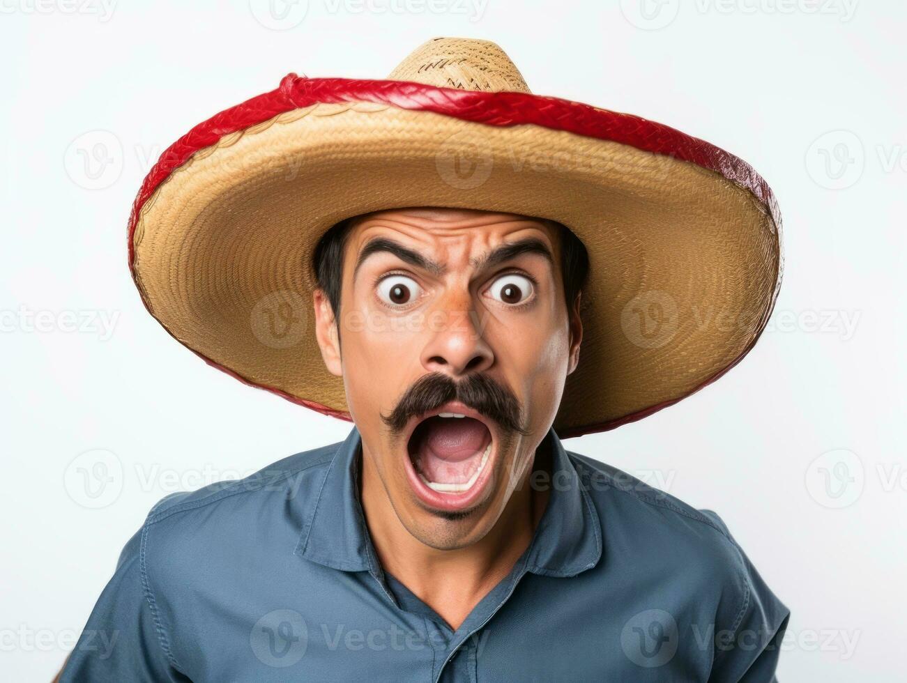 mexicain homme dans émotif pose sur blanc Contexte ai génératif photo
