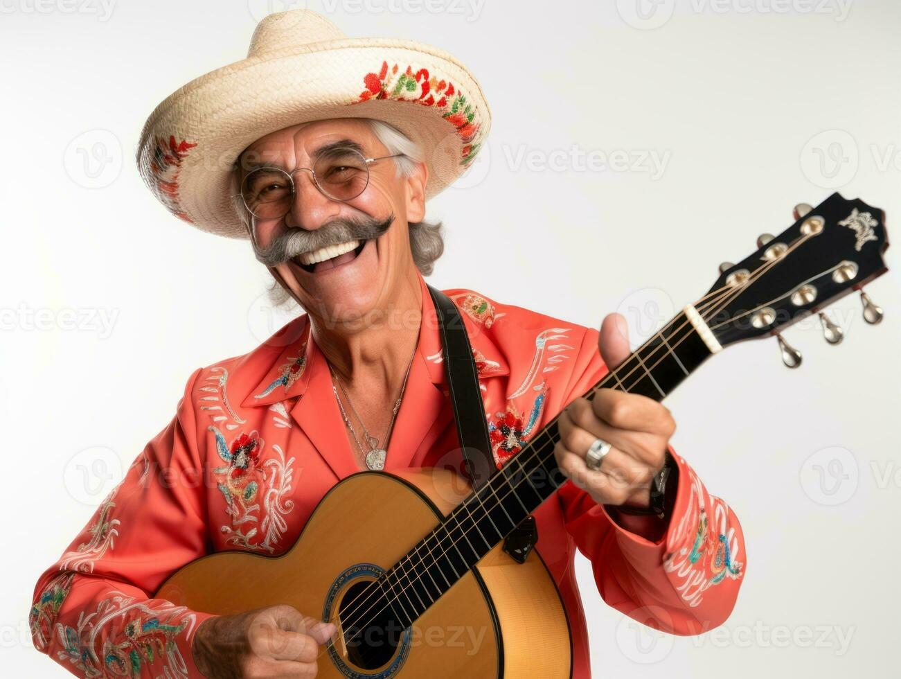 mexicain homme dans émotif pose sur blanc Contexte ai génératif photo