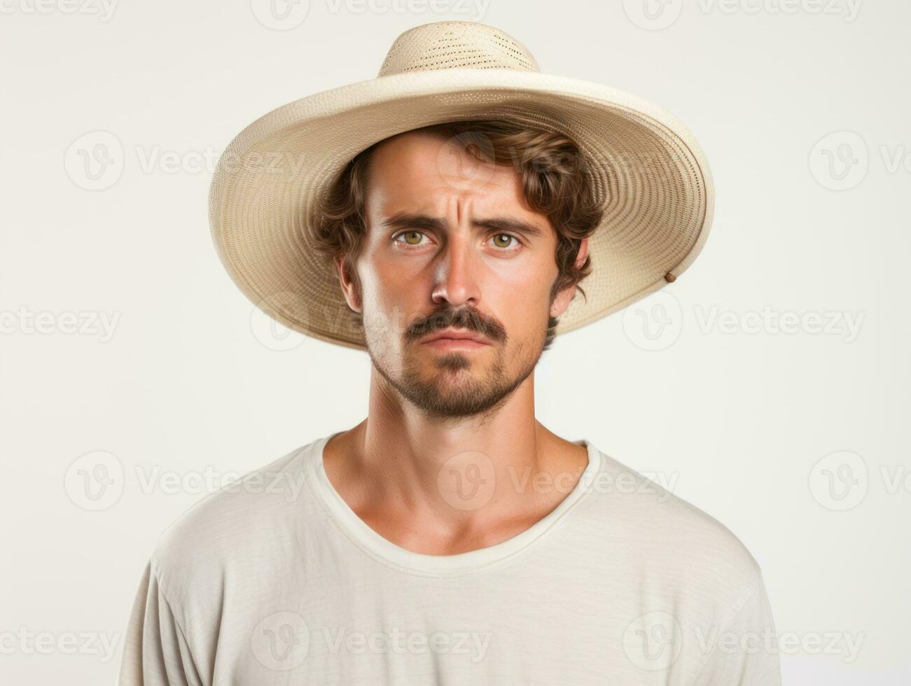 mexicain homme dans émotif pose sur blanc Contexte ai génératif photo