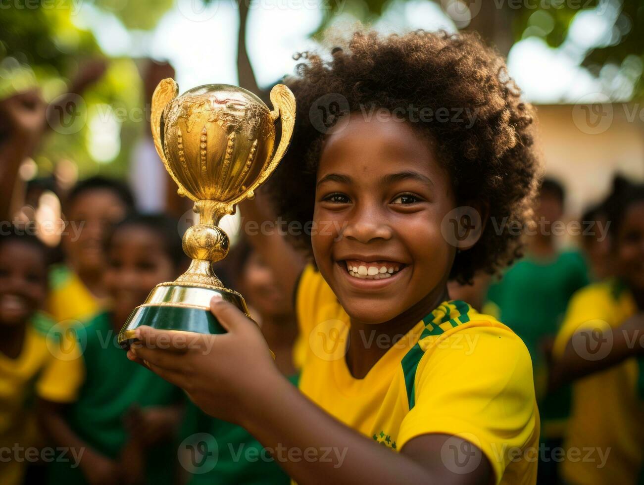 brésilien enfant fête le sien football équipes la victoire ai génératif photo