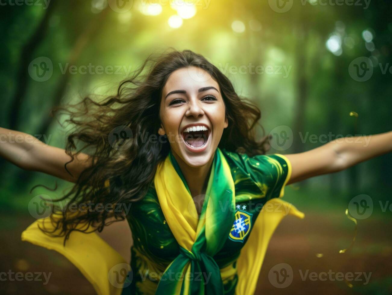 brésilien femme fête sa football équipes la victoire ai génératif photo