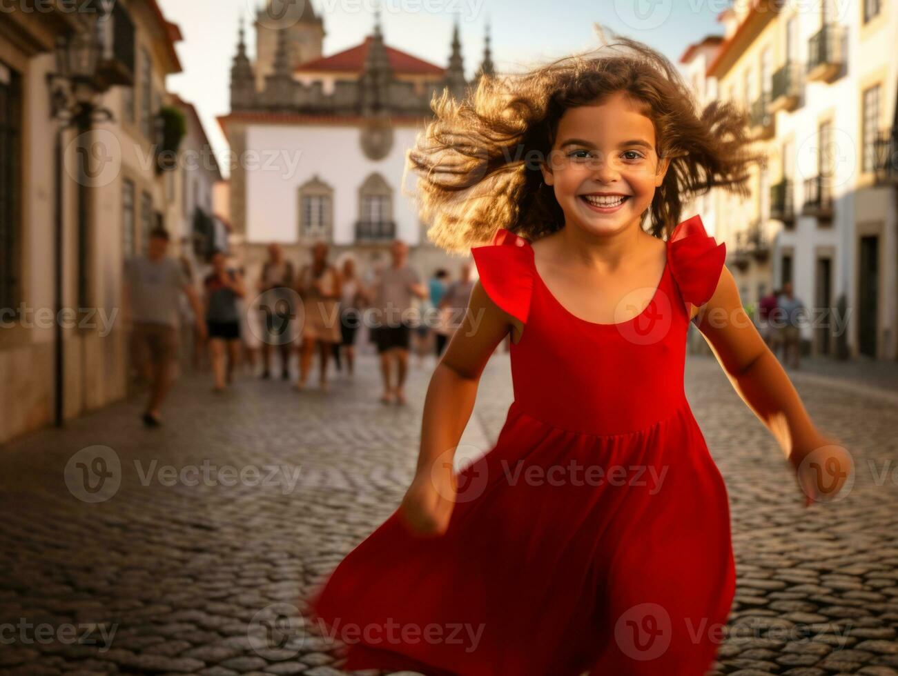 enfant jouit une tranquille promenade par le vibrant ville des rues ai génératif photo