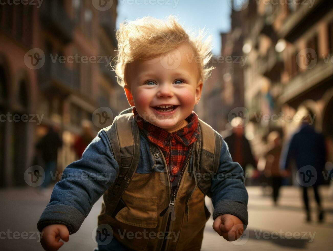 enfant jouit une tranquille promenade par le vibrant ville des rues ai génératif photo