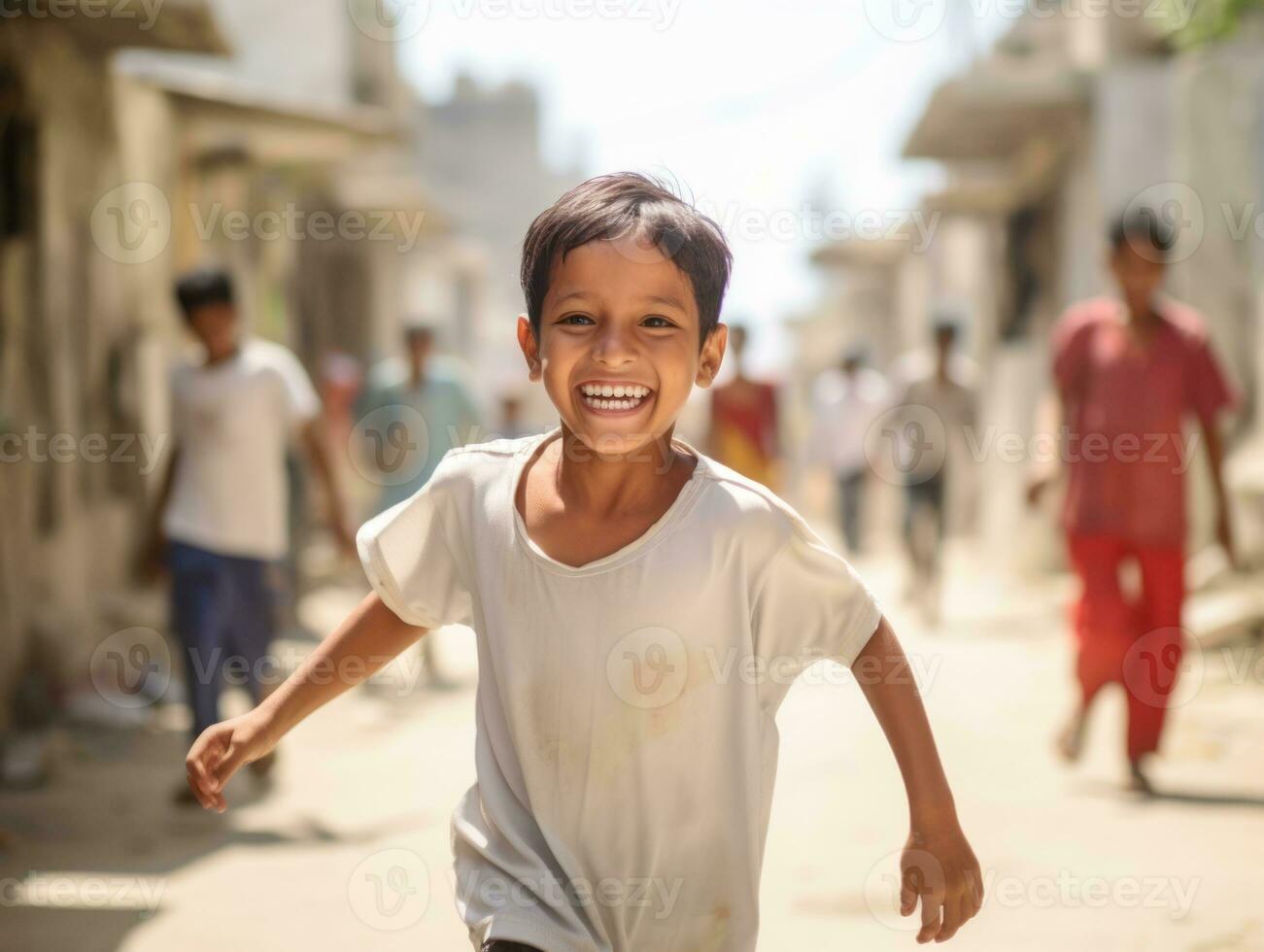 enfant jouit une tranquille promenade par le vibrant ville des rues ai génératif photo