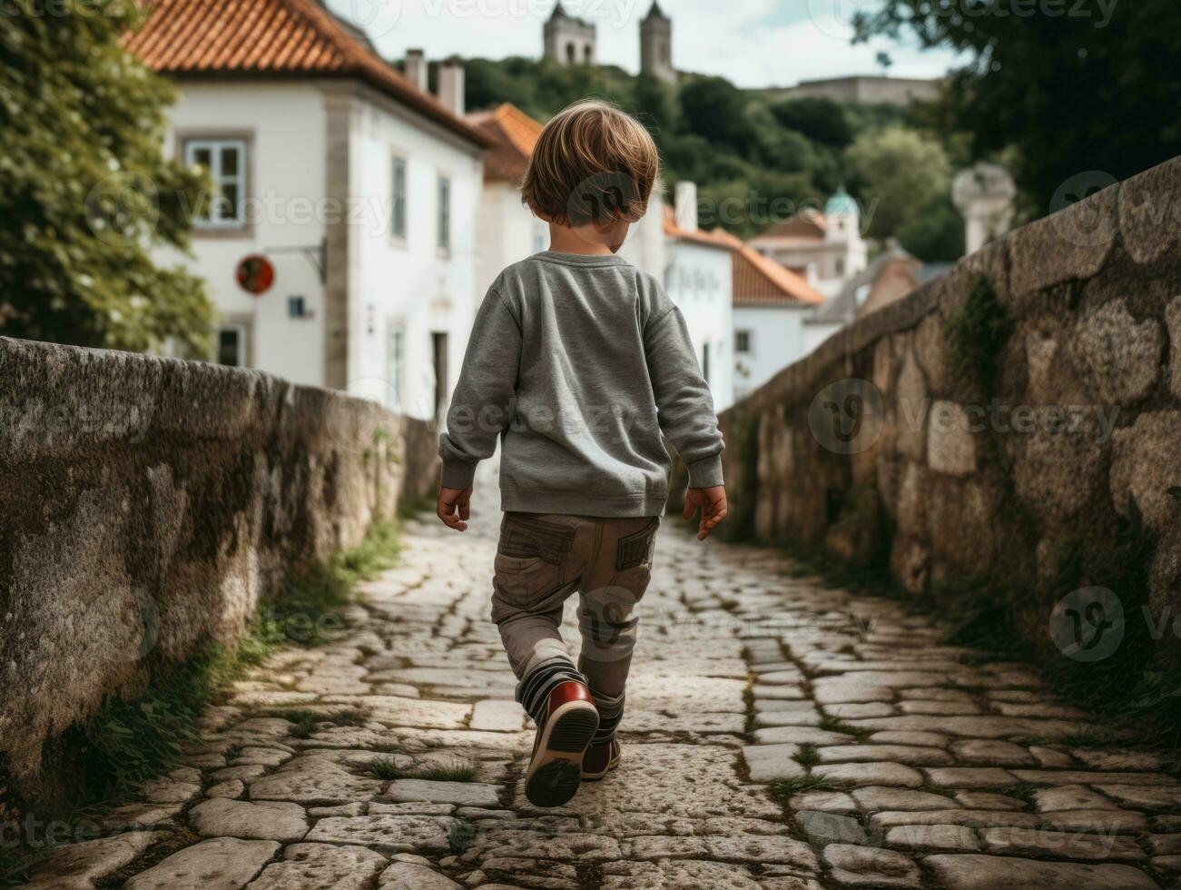 enfant jouit une tranquille promenade par le vibrant ville des rues ai génératif photo