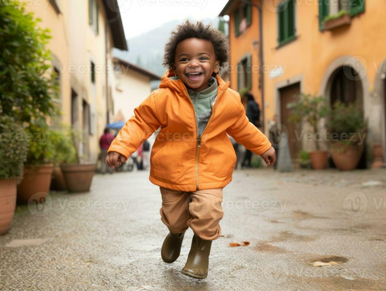 enfant jouit une tranquille promenade par le vibrant ville des rues ai génératif photo