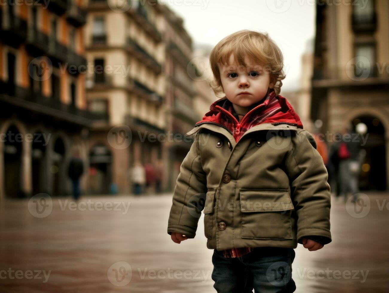 enfant jouit une tranquille promenade par le vibrant ville des rues ai génératif photo