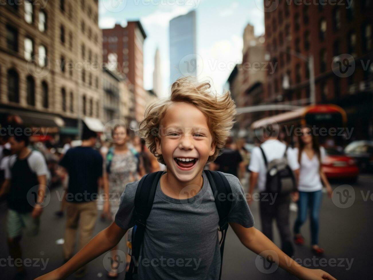 enfant jouit une tranquille promenade par le vibrant ville des rues ai génératif photo