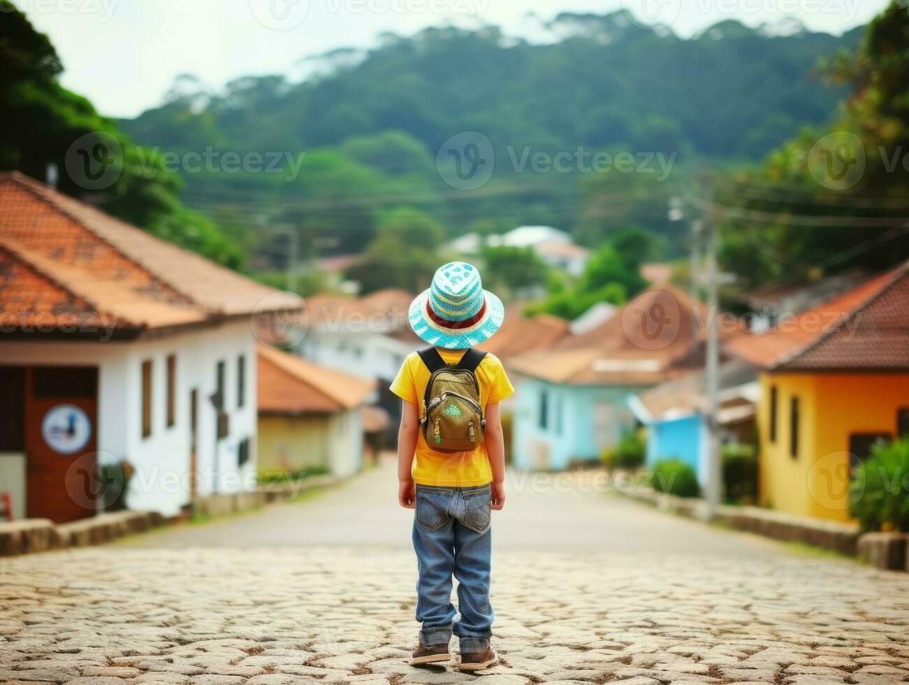 enfant jouit une tranquille promenade par le vibrant ville des rues ai génératif photo