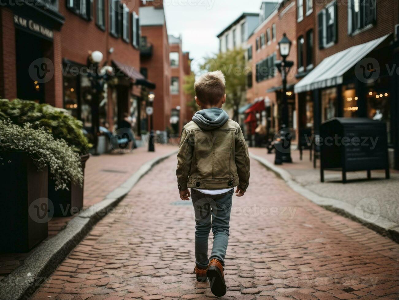 enfant jouit une tranquille promenade par le vibrant ville des rues ai génératif photo