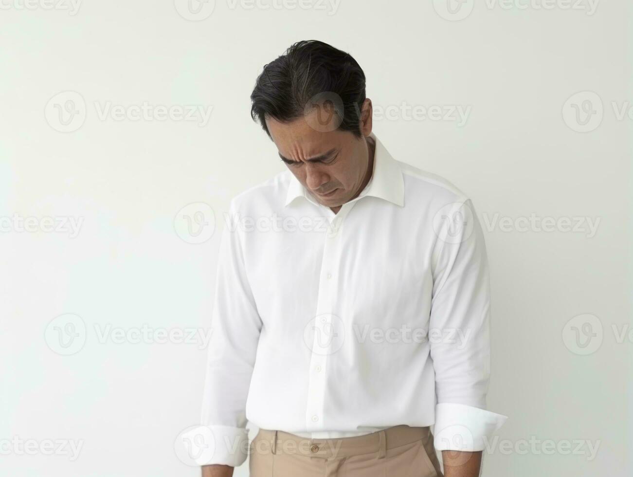 40 année vieux asiatique homme dans émotif pose sur blanc Contexte ai génératif photo