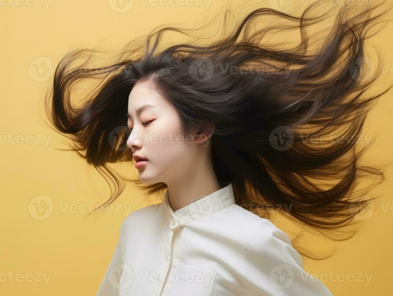 asiatique femme dans émotif dynamique pose sur solide Contexte ai génératif photo