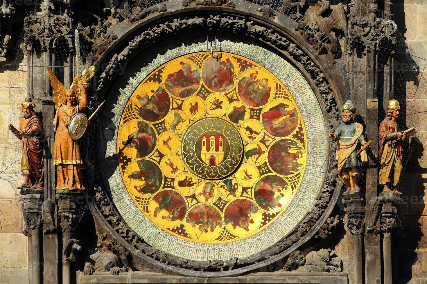Détail de l'horloge astronomique médiévale historique de Prague sur l'ancien hôtel de ville, République tchèque photo