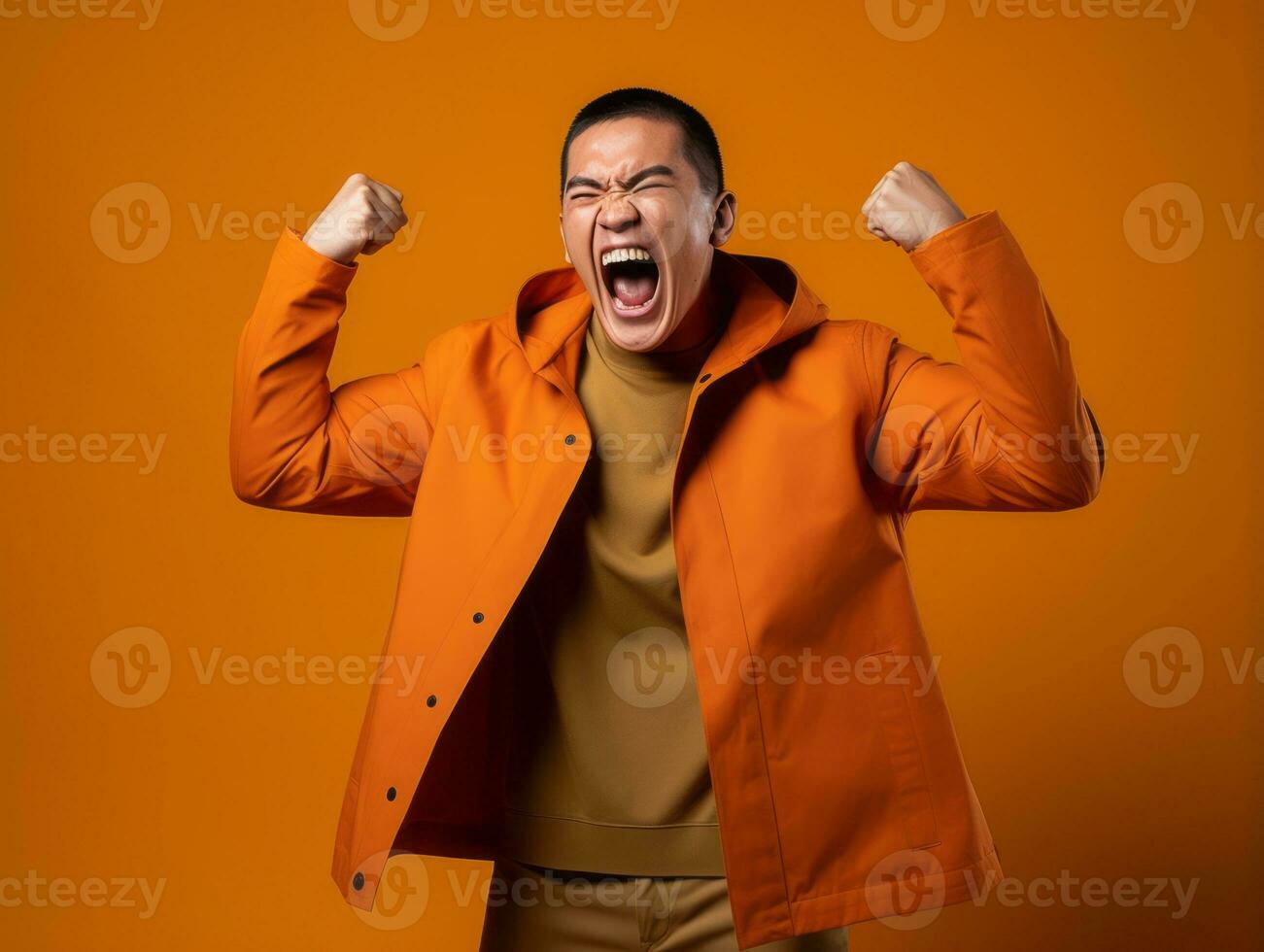 asiatique homme dans émotif dynamique pose sur solide Contexte ai génératif photo