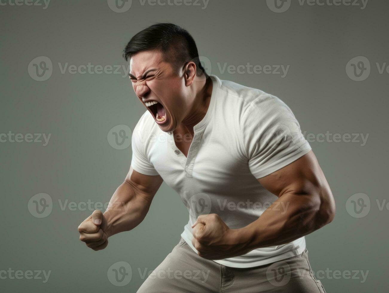 asiatique homme dans émotif dynamique pose sur blanc Contexte ai génératif photo