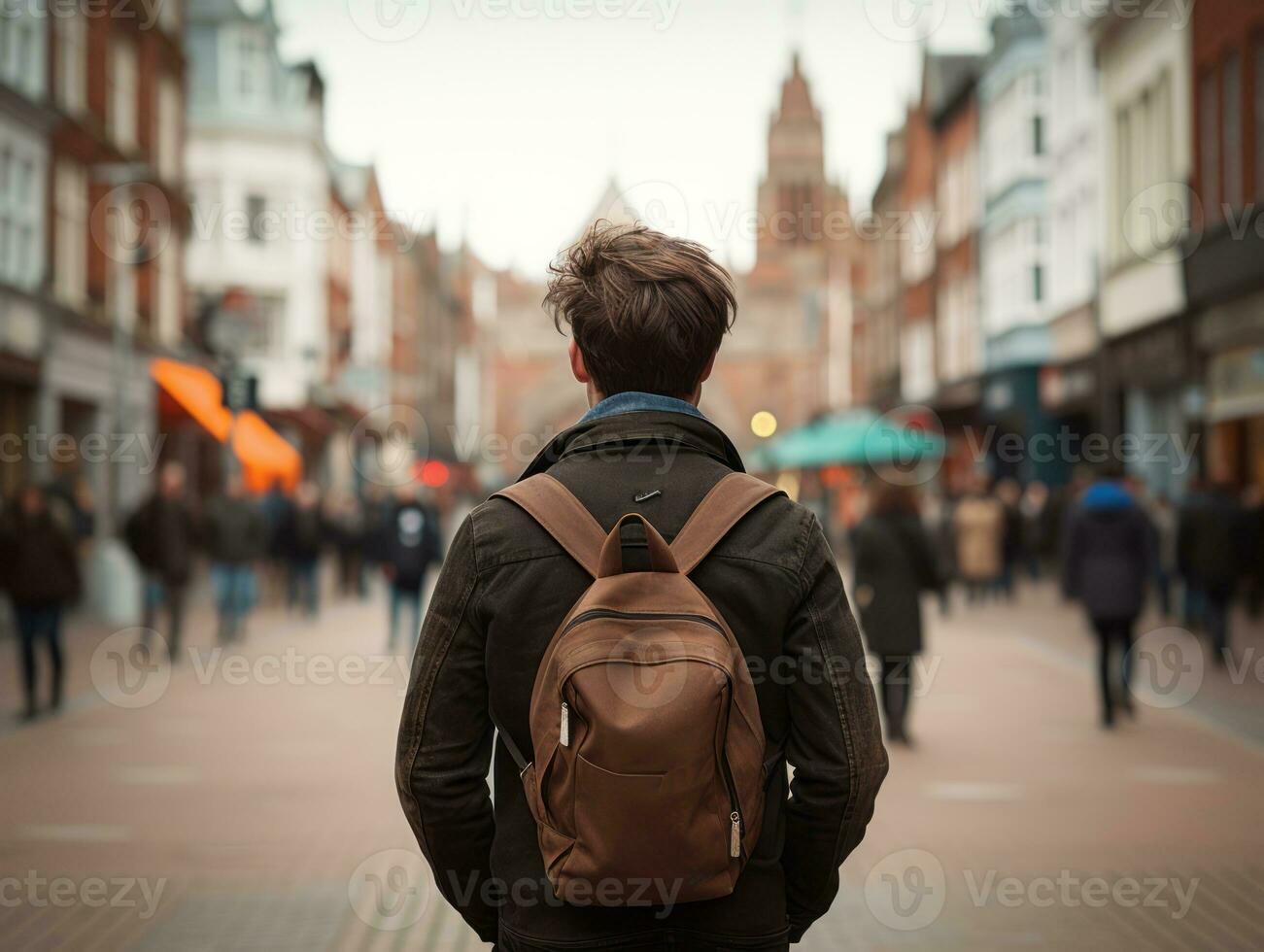 homme jouit une tranquille promenade par le vibrant ville des rues ai génératif photo