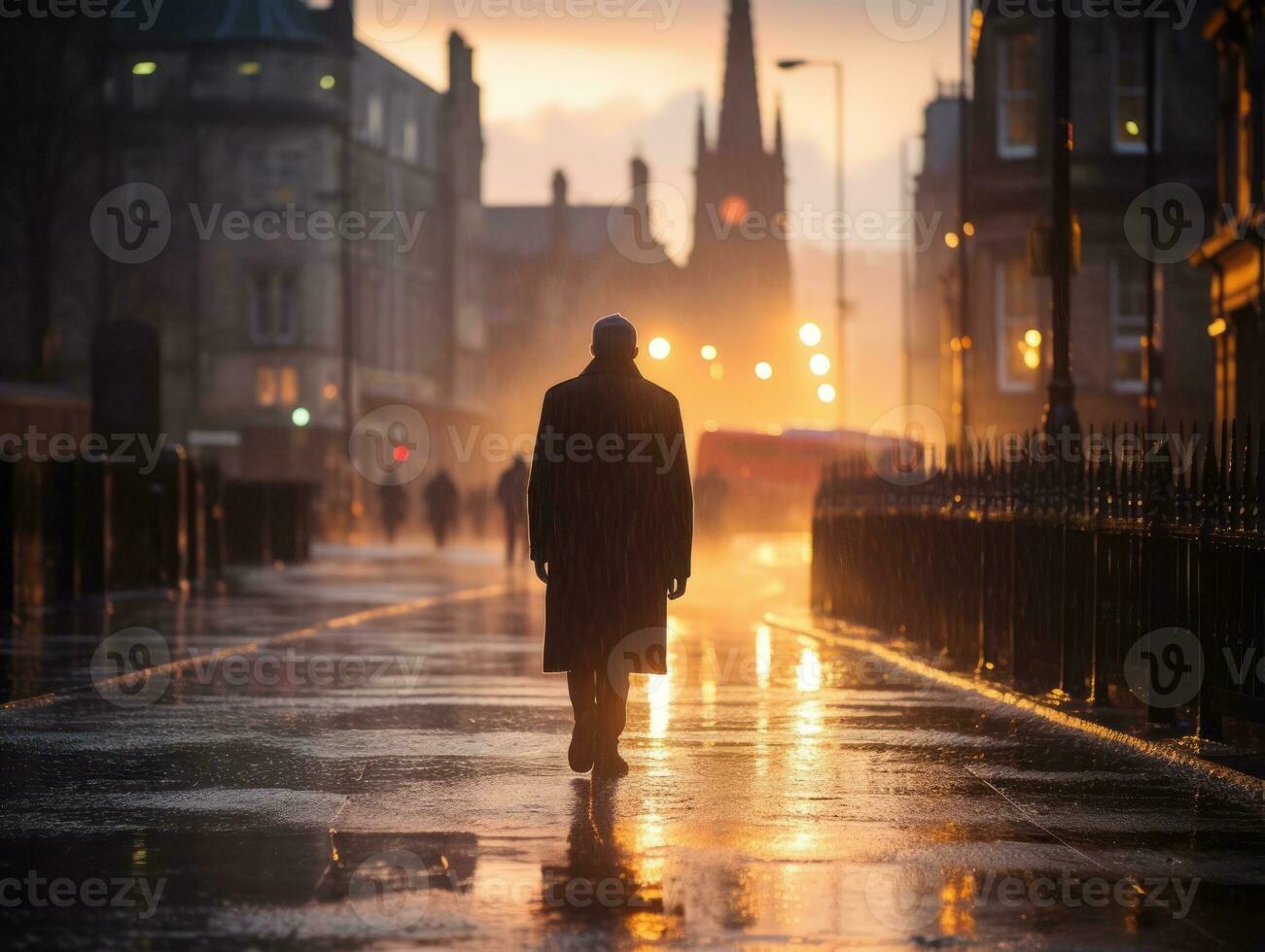 homme jouit une tranquille promenade par le vibrant ville des rues ai génératif photo