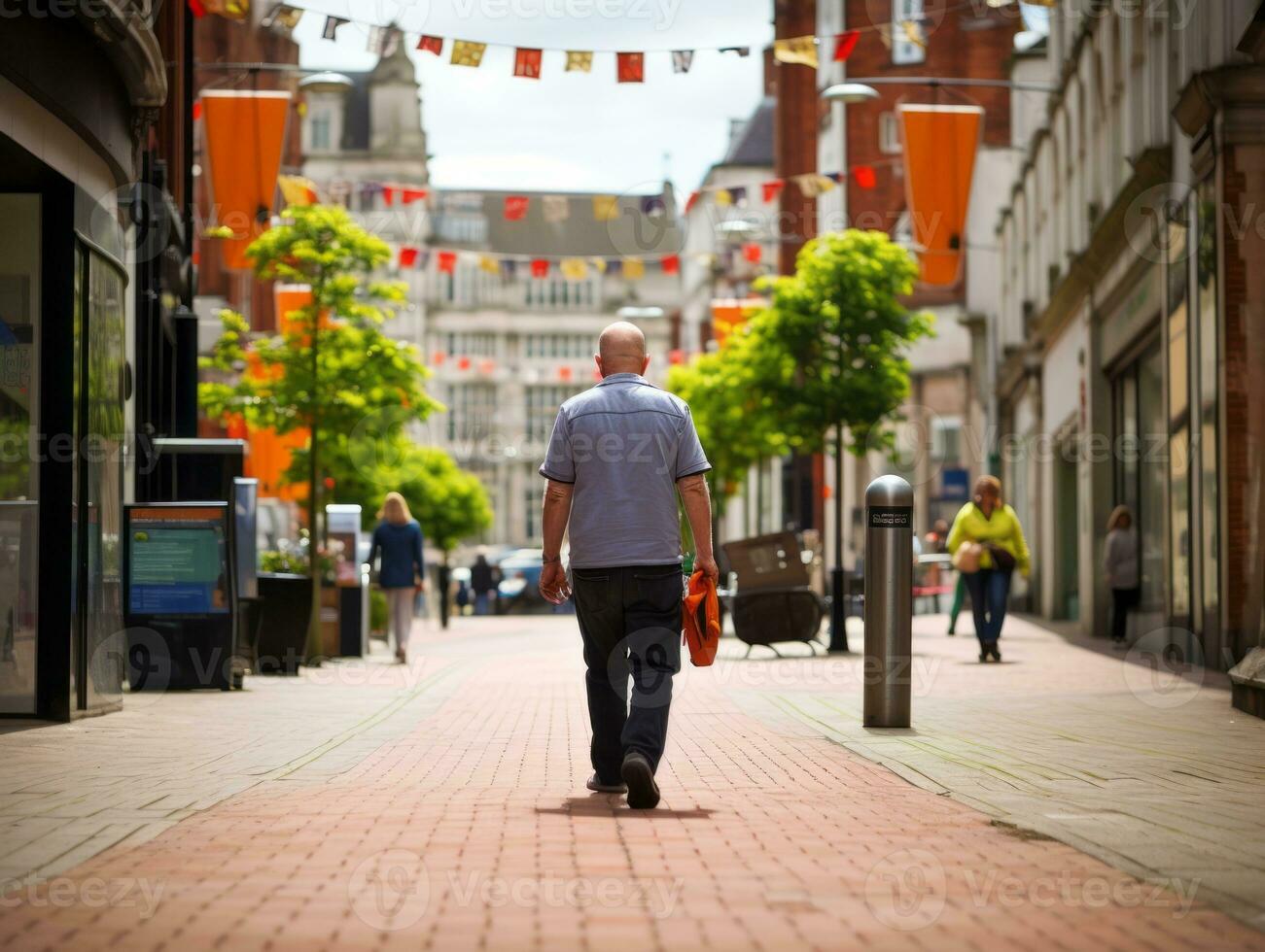 homme jouit une tranquille promenade par le vibrant ville des rues ai génératif photo