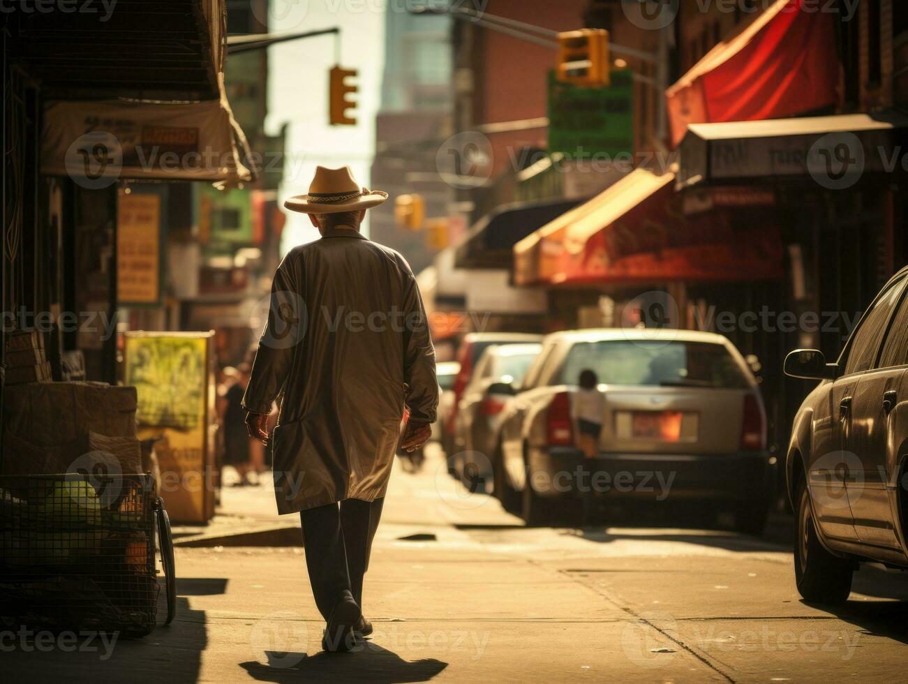 homme jouit une tranquille promenade par le vibrant ville des rues ai génératif photo