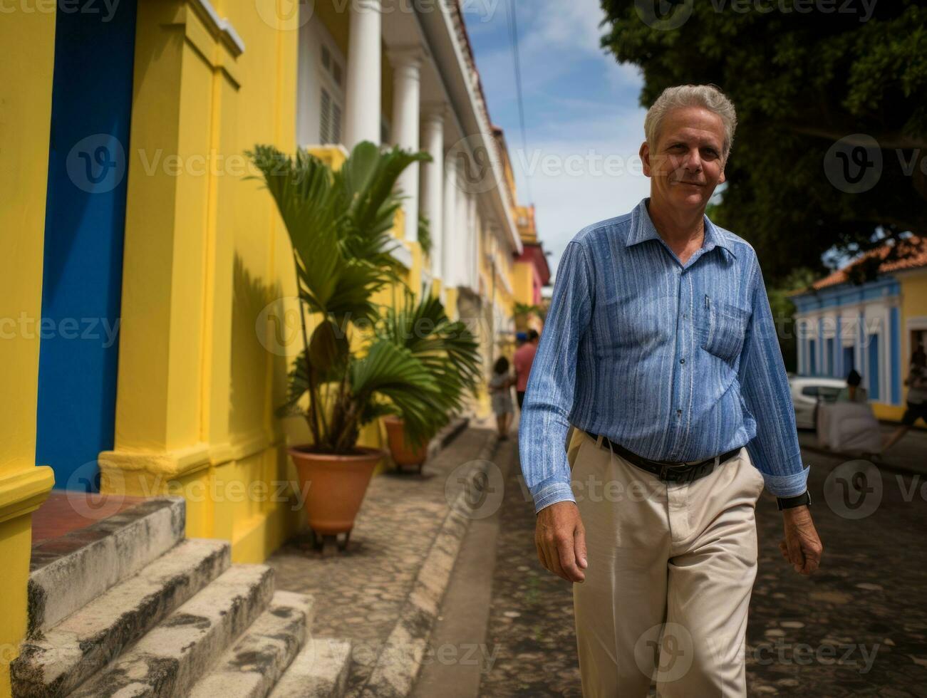 homme jouit une tranquille promenade par le vibrant ville des rues ai génératif photo