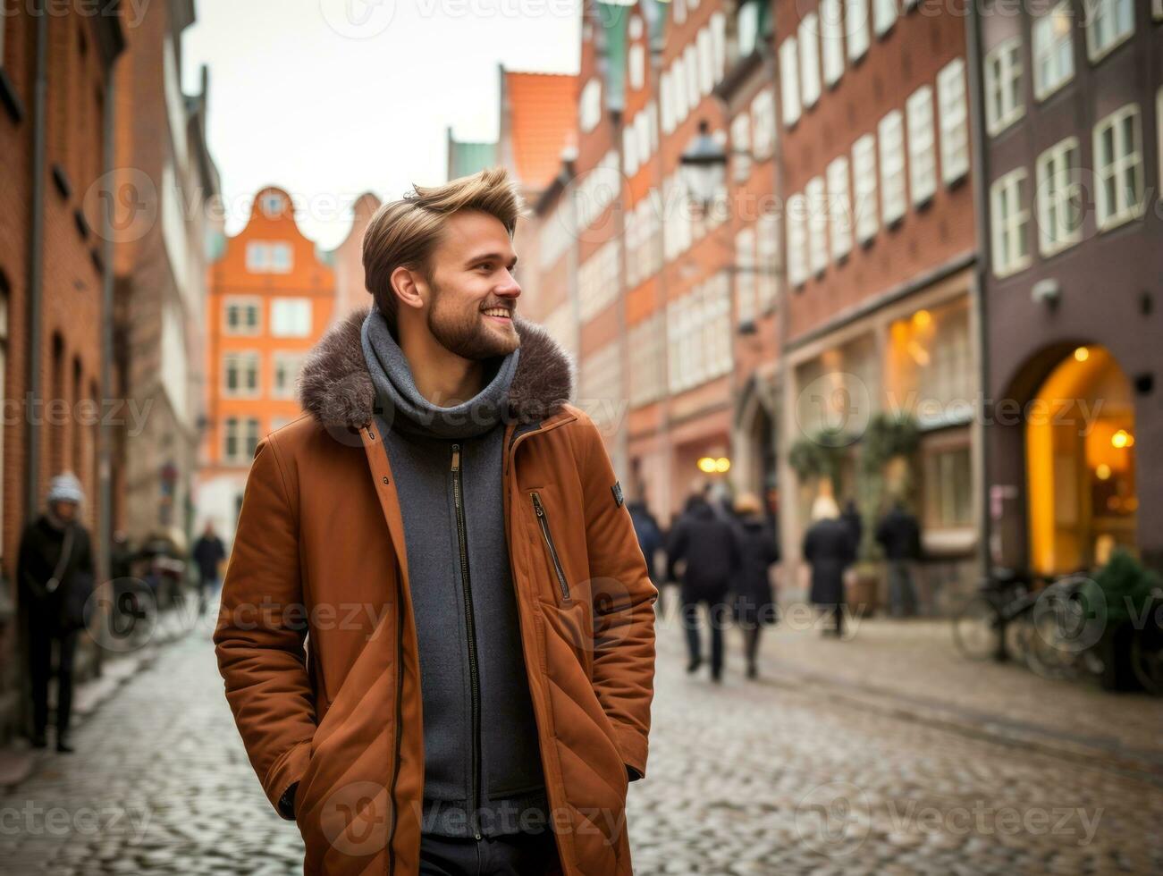 homme jouit une tranquille promenade par le vibrant ville des rues ai génératif photo