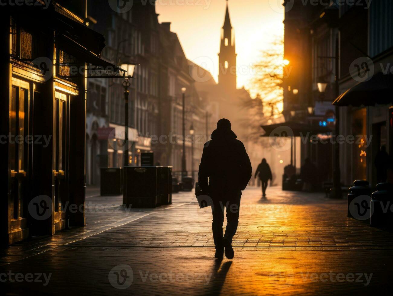 homme jouit une tranquille promenade par le vibrant ville des rues ai génératif photo