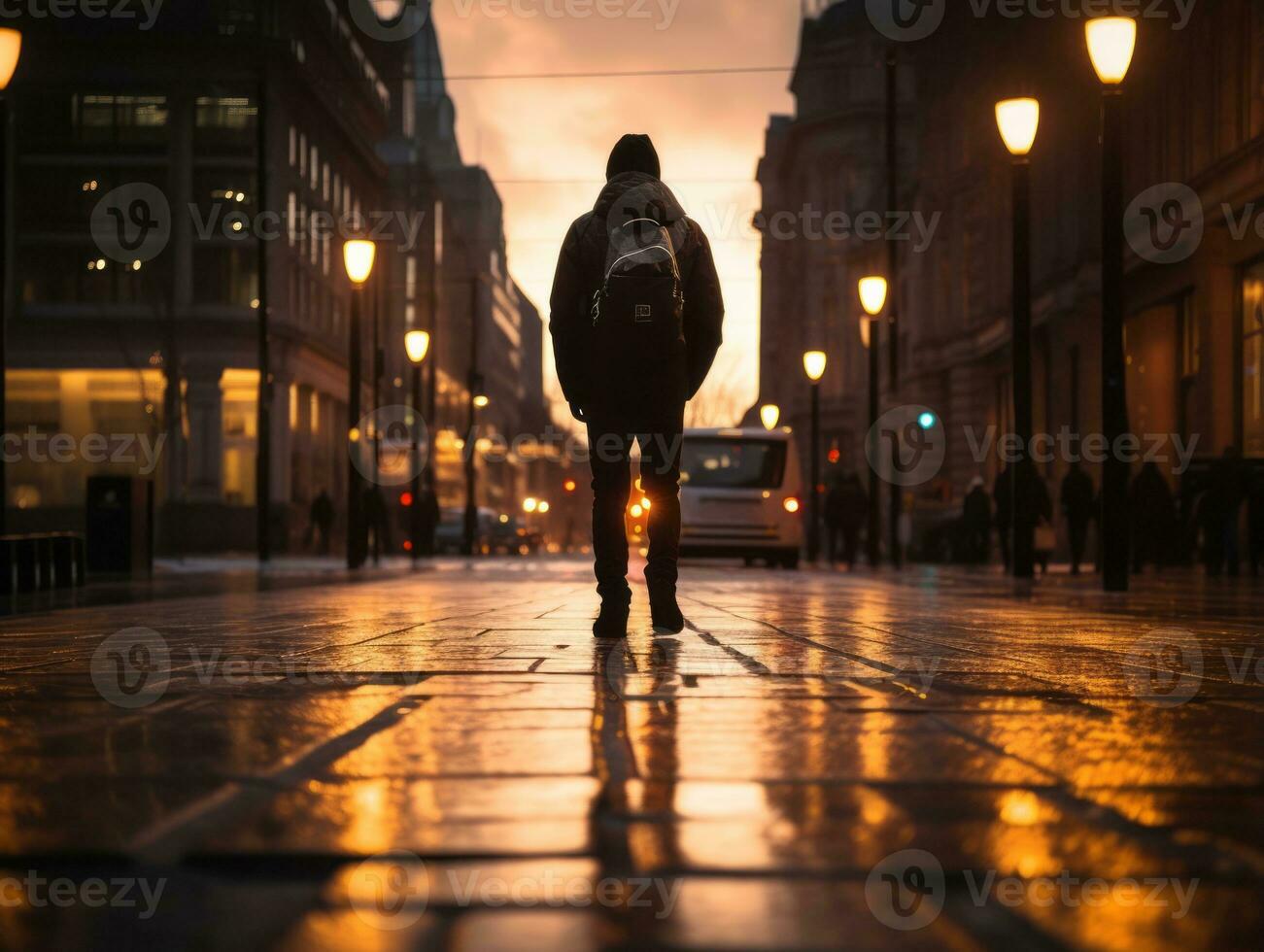 homme jouit une tranquille promenade par le vibrant ville des rues ai génératif photo