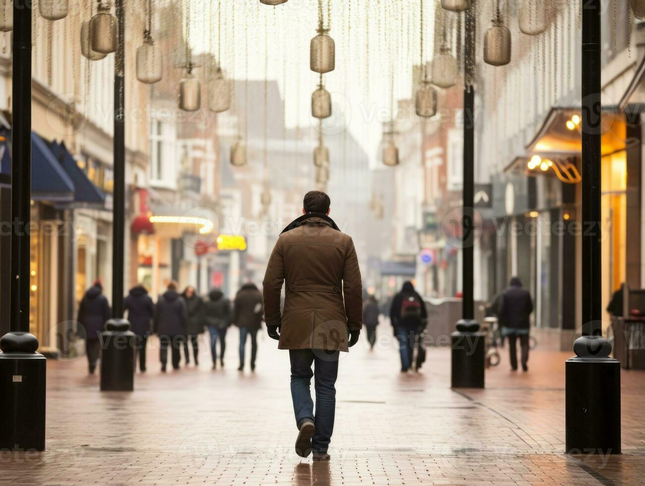 homme jouit une tranquille promenade par le vibrant ville des rues ai génératif photo