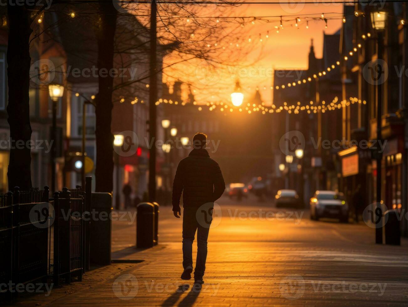 homme jouit une tranquille promenade par le vibrant ville des rues ai génératif photo