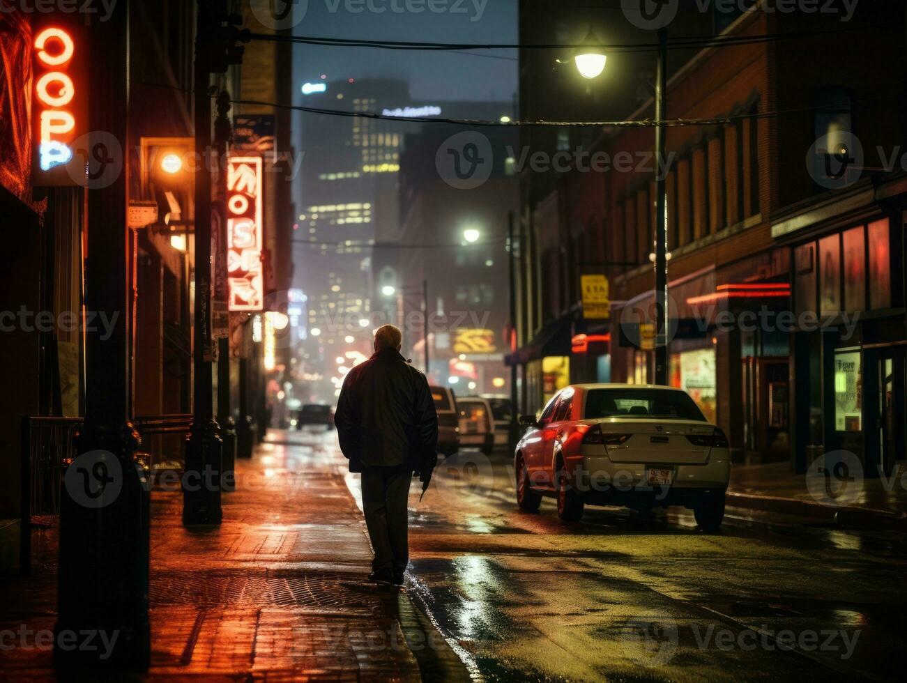 homme jouit une tranquille promenade par le vibrant ville des rues ai génératif photo