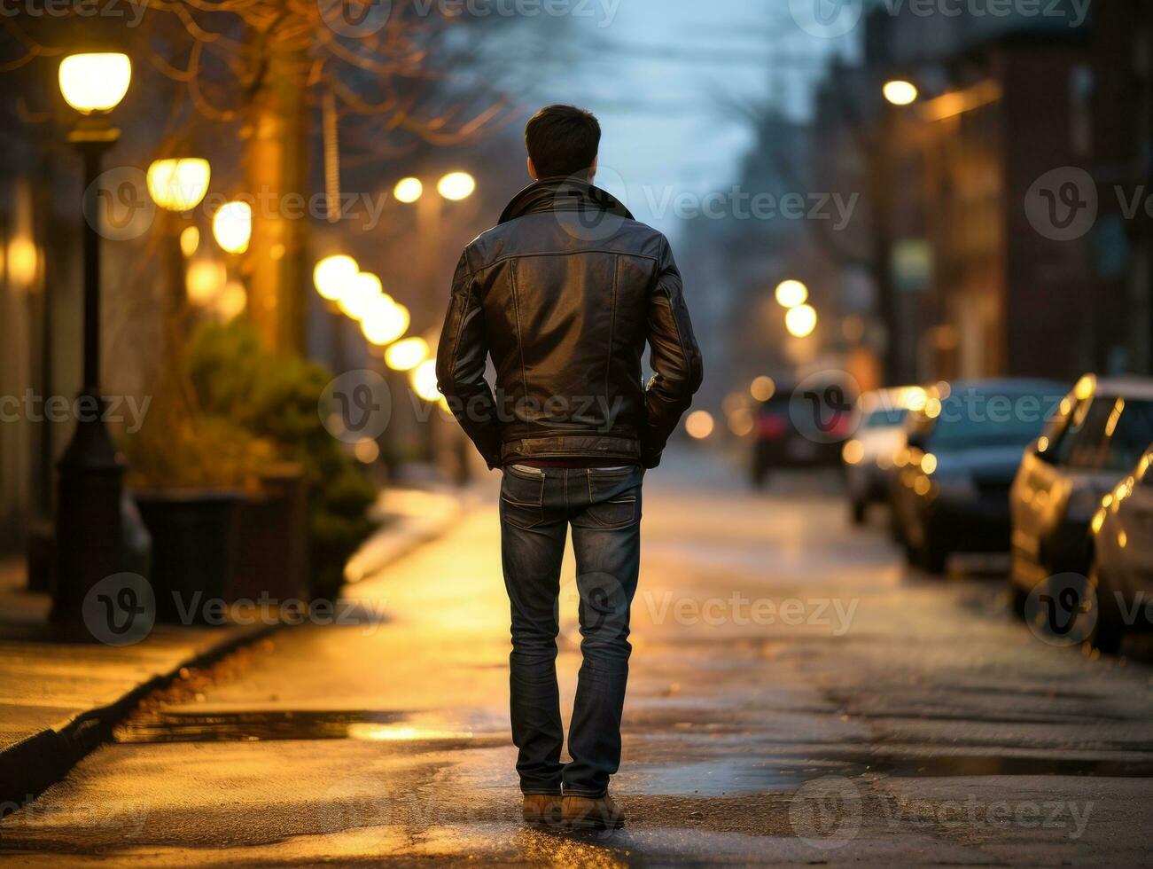 homme jouit une tranquille promenade par le vibrant ville des rues ai génératif photo