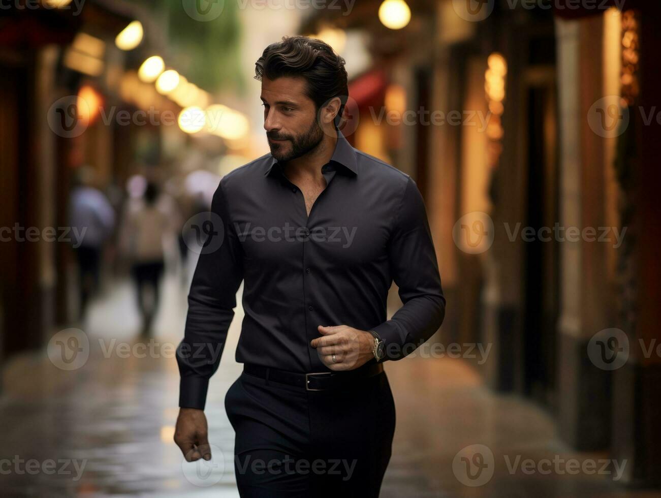 homme jouit une tranquille promenade par le vibrant ville des rues ai génératif photo