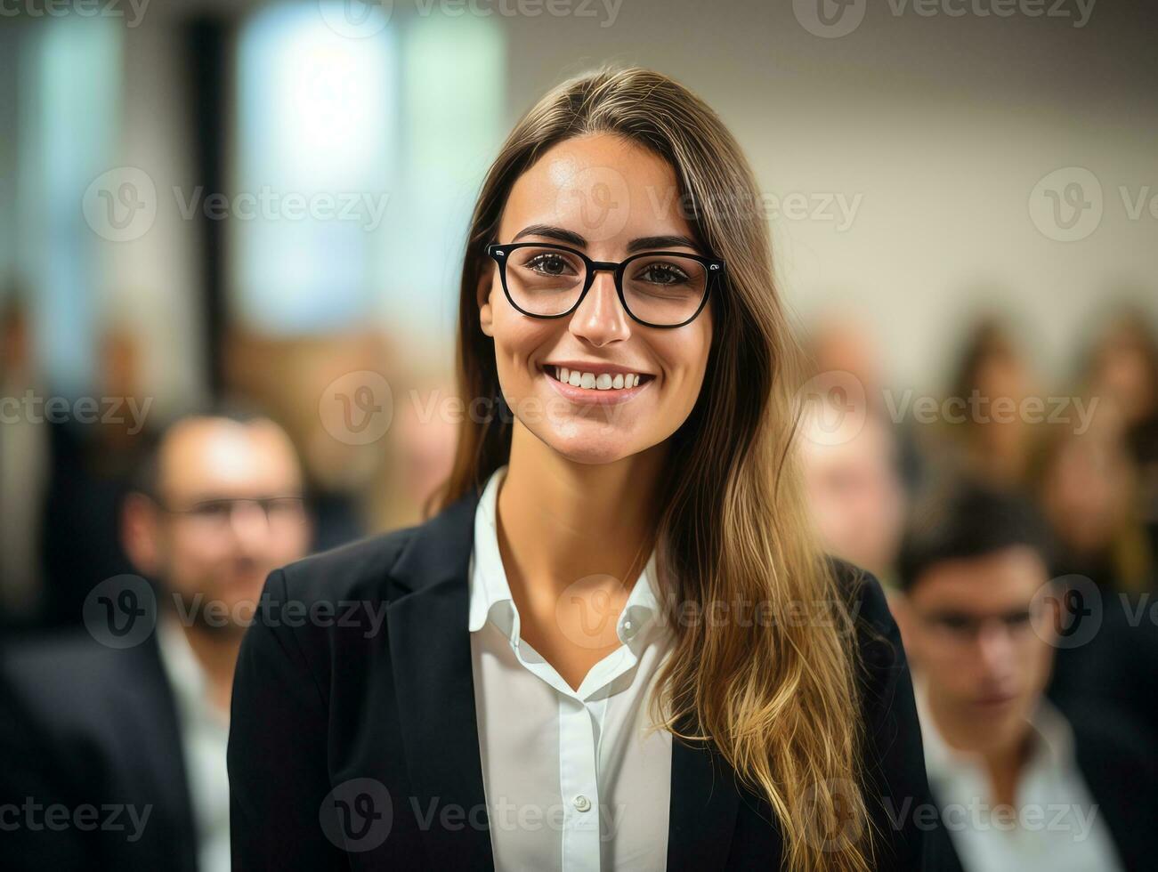 femme dans une affaires réunion de premier plan avec confiance ai génératif photo