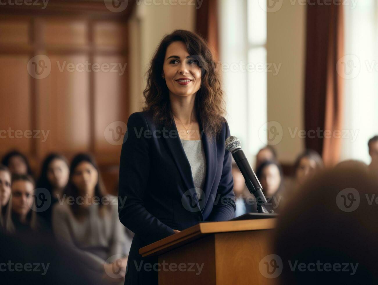 femme dans une affaires réunion de premier plan avec confiance ai génératif photo