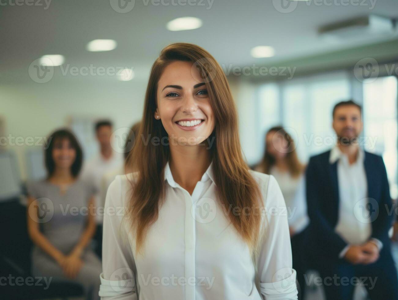 femme dans une affaires réunion de premier plan avec confiance ai génératif photo