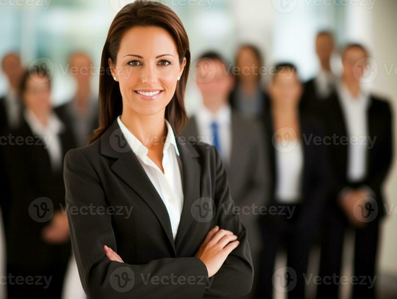 femme dans une affaires réunion de premier plan avec confiance ai génératif photo