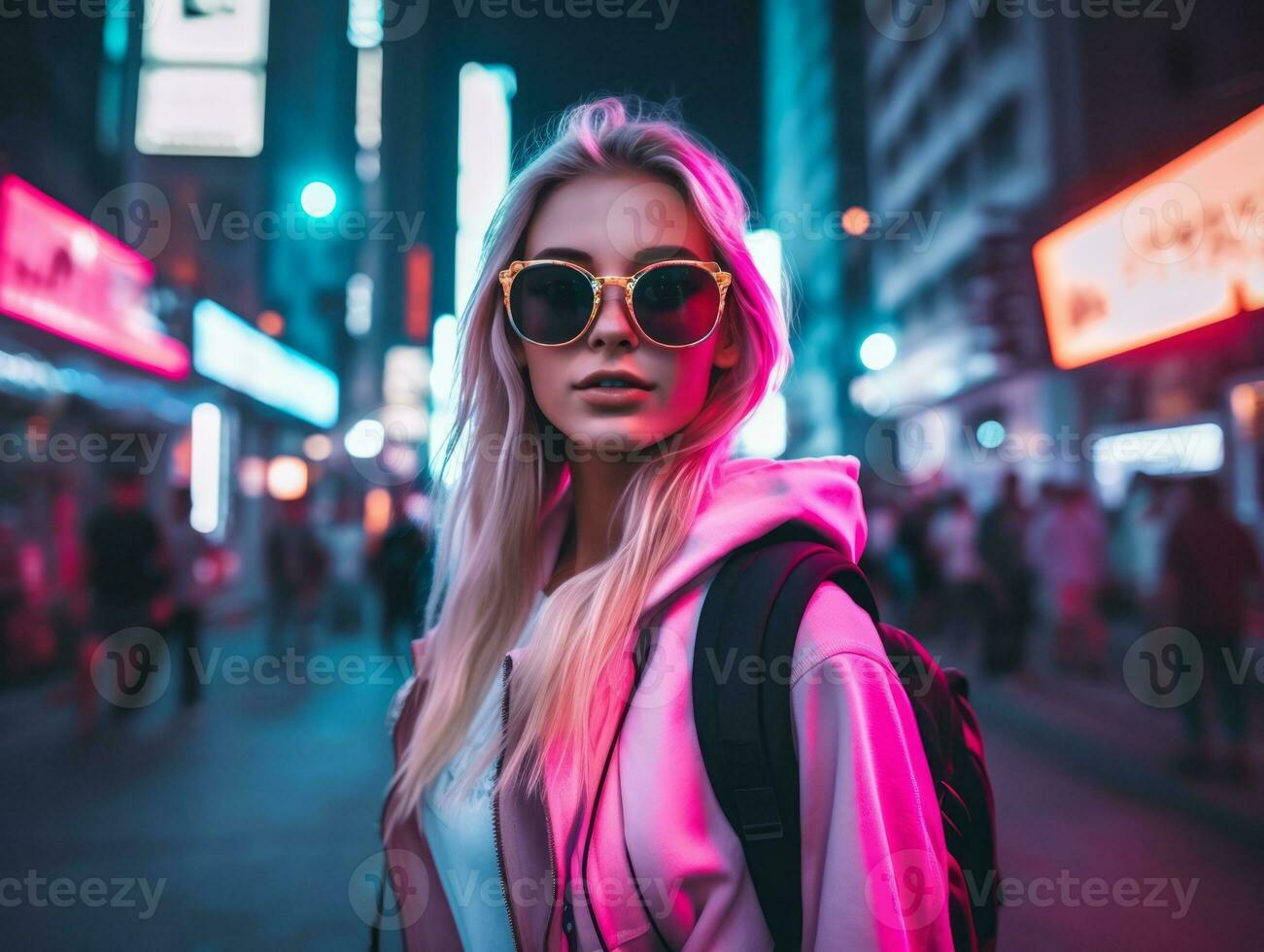 femme dans futuriste vêtements jouit tranquille promenade par néon ville des rues ai génératif photo