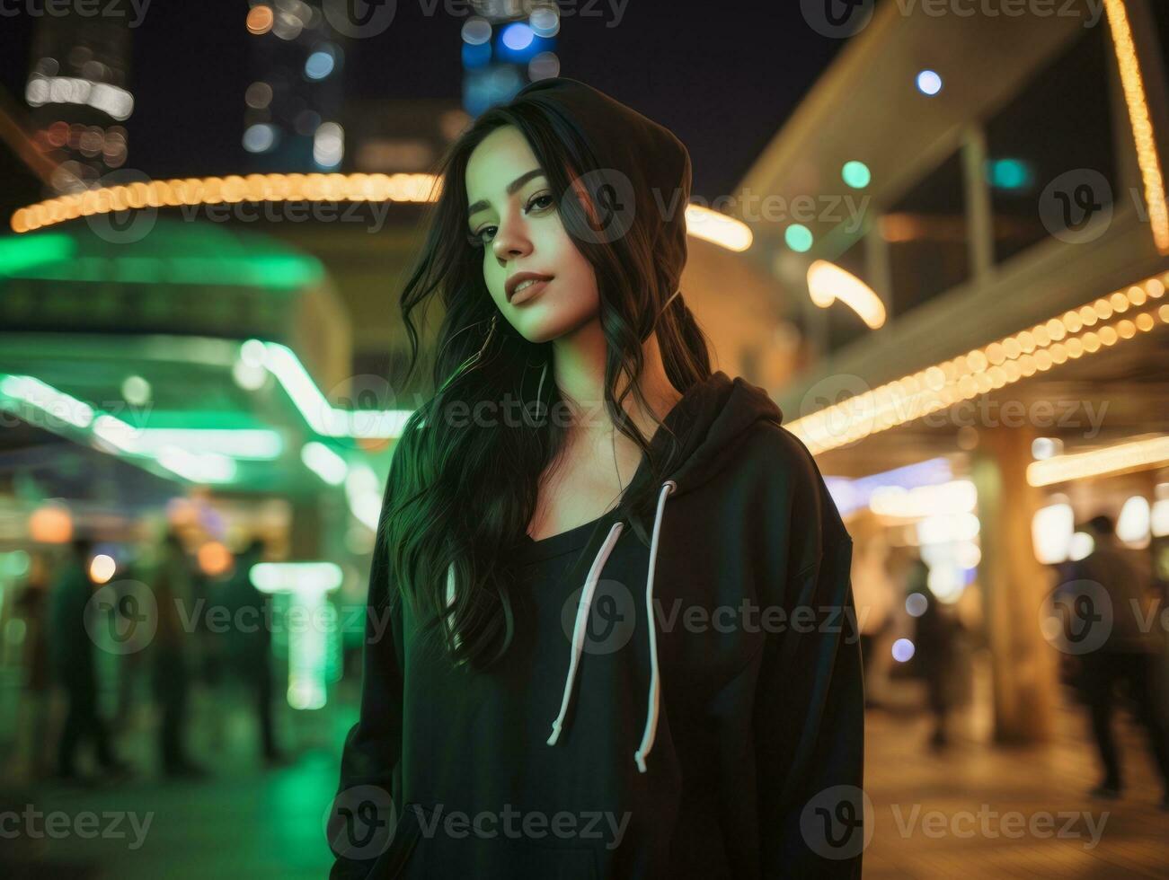 femme dans futuriste vêtements jouit tranquille promenade par néon ville des rues ai génératif photo