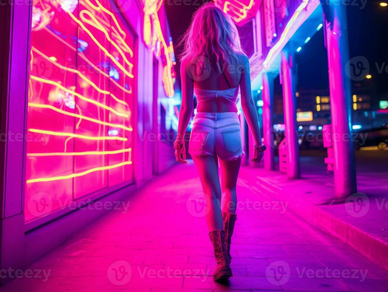 femme dans futuriste vêtements jouit tranquille promenade par néon ville des rues ai génératif photo