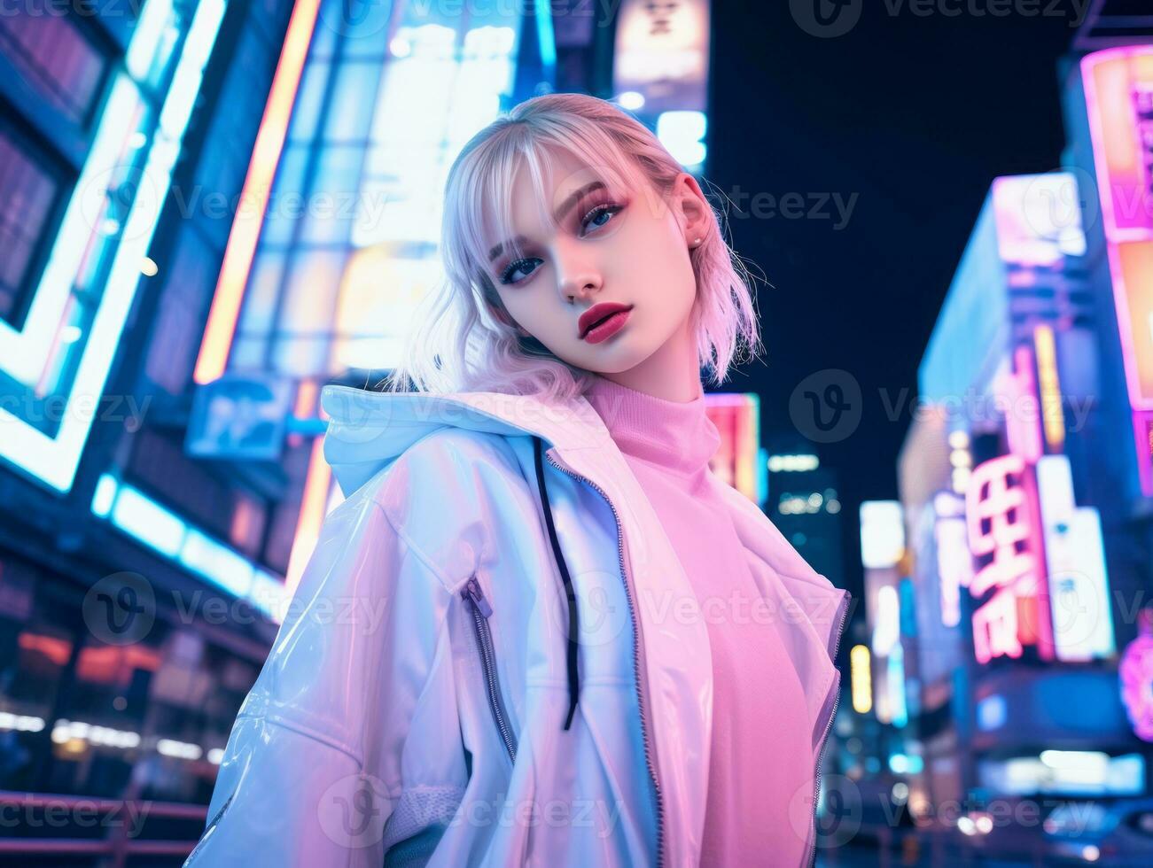 femme dans futuriste vêtements jouit tranquille promenade par néon ville des rues ai génératif photo