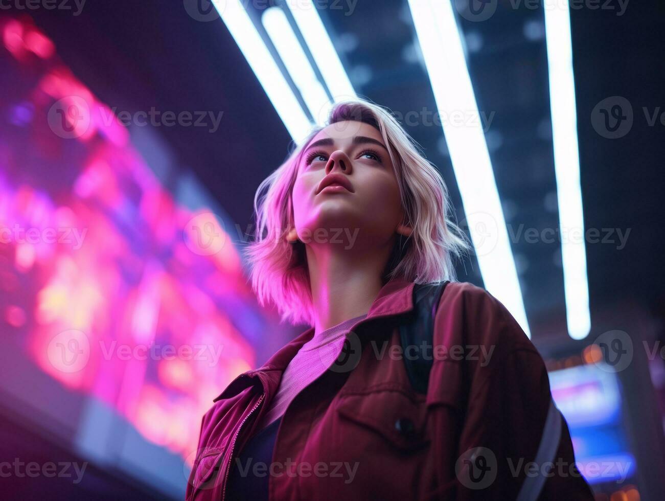 femme dans futuriste vêtements jouit tranquille promenade par néon ville des rues ai génératif photo