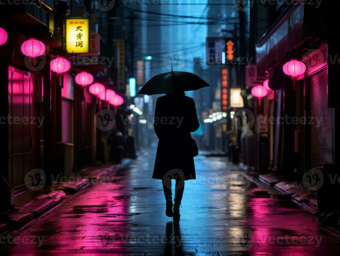 femme dans futuriste vêtements jouit tranquille promenade par néon ville des rues ai génératif photo