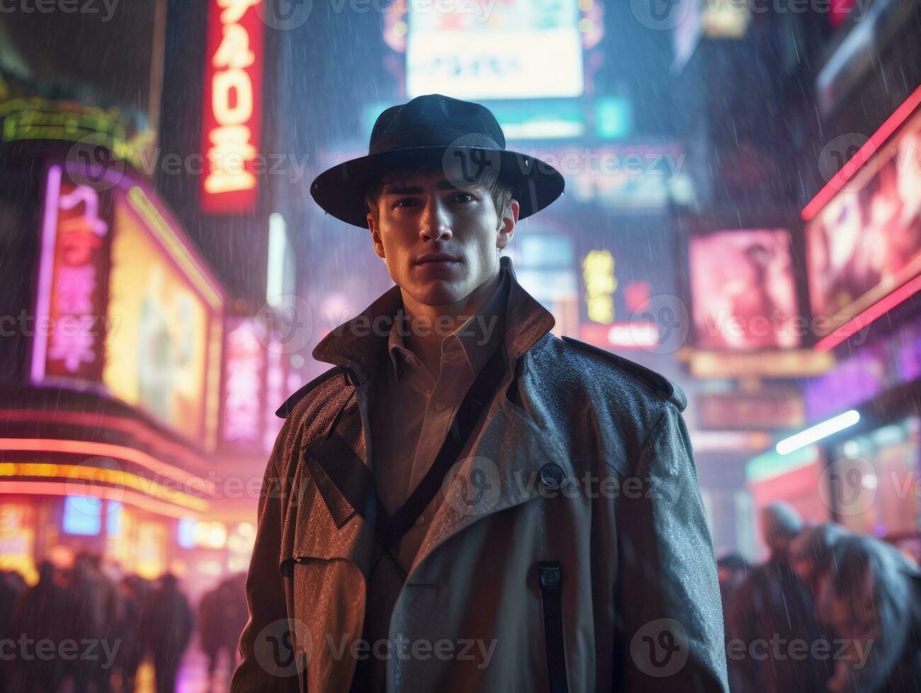 homme dans futur preuve vêtements jouit une tranquille promenade par une néon allumé ville des rues ai génératif photo