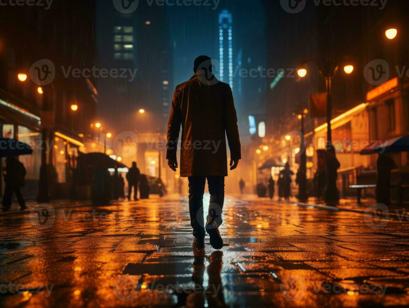 homme dans futur preuve vêtements jouit une tranquille promenade par une néon allumé ville des rues ai génératif photo